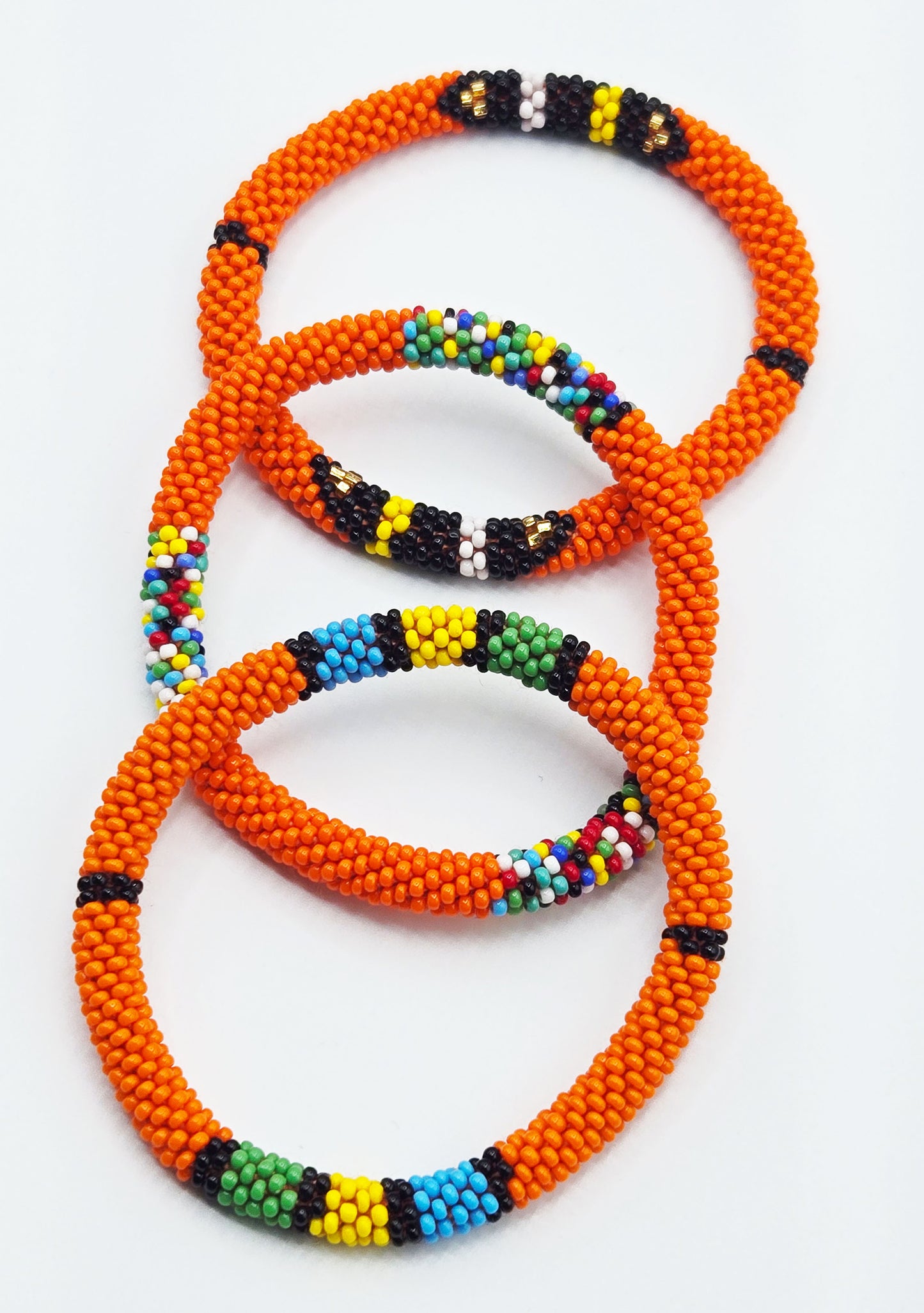 Boho Beaded Bracelets – Set of 3 Handmade Nepal Seed Bead Orange Color Crochet Bracelets | Women’s Fashion Jewelry