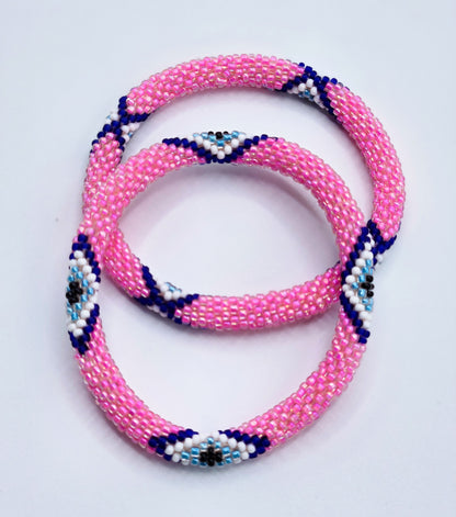 Boho Beaded Bracelets – Set of 2 Handmade Nepal Seed Bead Blue Evil Eye in a Pink Bracelets | Women’s Fashion Jewelry