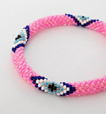 Boho Beaded Bracelets – Set of 2 Handmade Nepal Seed Bead Blue Evil Eye in a Pink Bracelets | Women’s Fashion Jewelry