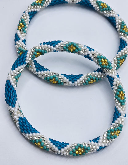 Boho Beaded Bracelets – Set of 2 Handmade Nepal Seed Bead Blue Color Crochet Bracelets | Women’s Fashion Jewelry