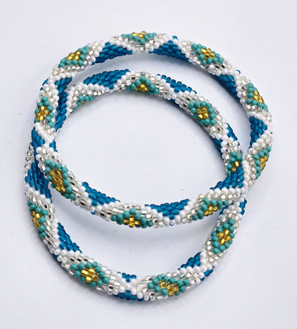 Boho Beaded Bracelets – Set of 2 Handmade Nepal Seed Bead Blue Color Crochet Bracelets | Women’s Fashion Jewelry