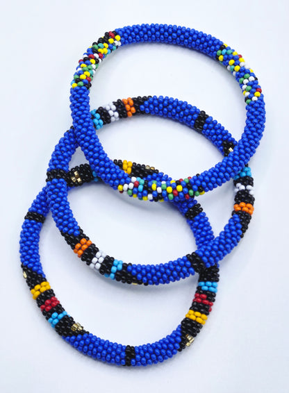 Boho Beaded Bracelets – Set of 3 Handmade Nepal Seed Bead Blue Color Crochet Bracelets | Women’s Fashion Jewelry