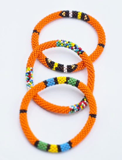 Boho Beaded Bracelets – Set of 3 Handmade Nepal Seed Bead Orange Color Crochet Bracelets | Women’s Fashion Jewelry