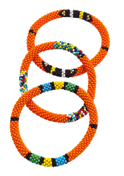 Boho Beaded Bracelets – Set of 3 Handmade Nepal Seed Bead Orange Color Crochet Bracelets | Women’s Fashion Jewelry