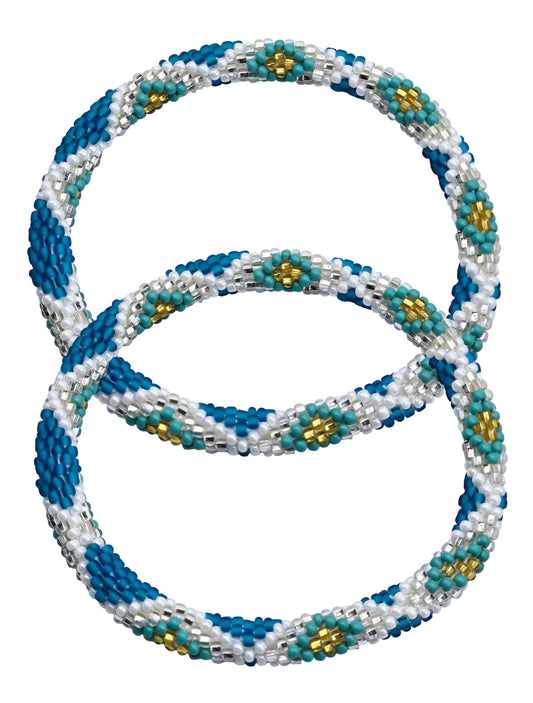 Boho Beaded Bracelets – Set of 2 Handmade Nepal Seed Bead Blue Color Crochet Bracelets | Women’s Fashion Jewelry