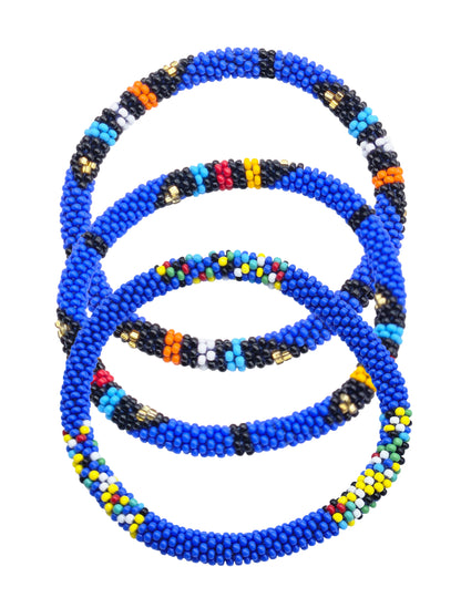 Boho Beaded Bracelets – Set of 3 Handmade Nepal Seed Bead Blue Color Crochet Bracelets | Women’s Fashion Jewelry