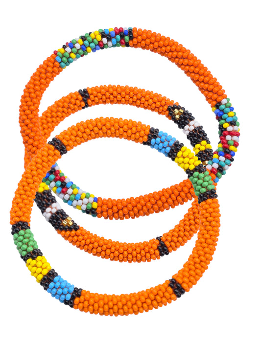 Boho Beaded Bracelets – Set of 3 Handmade Nepal Seed Bead Orange Color Crochet Bracelets | Women’s Fashion Jewelry